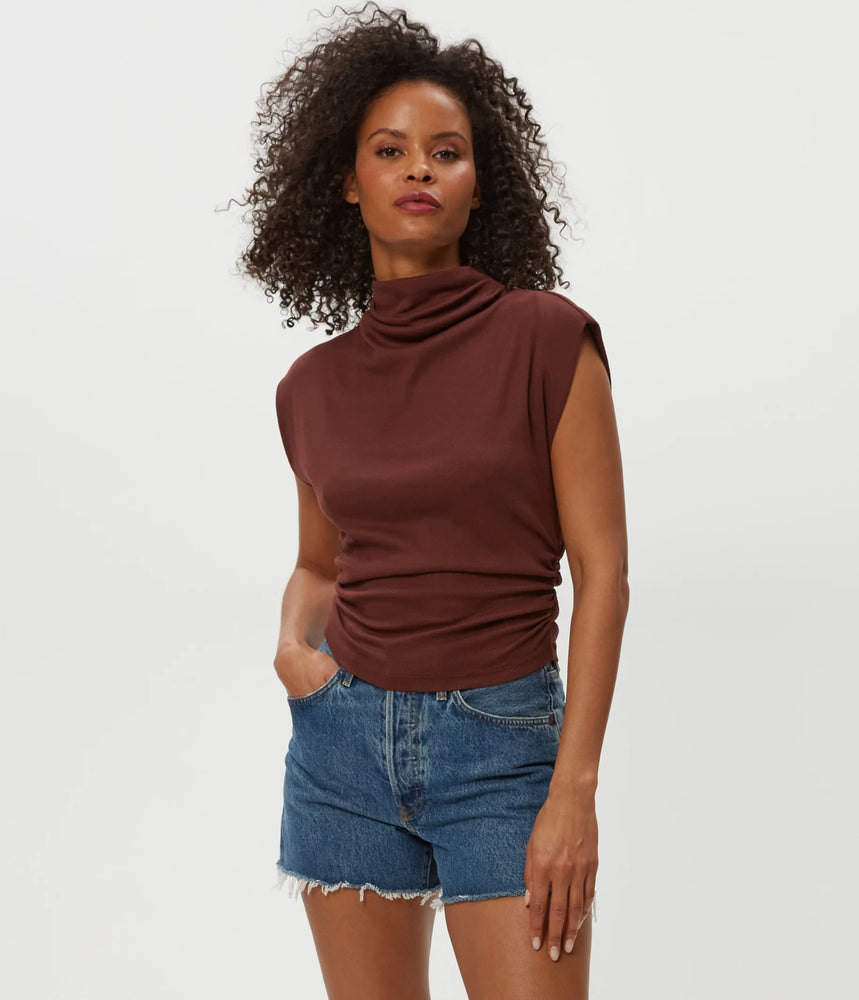 Michael Stars Amara Mock Neck Power Shoulder Top - Espresso
