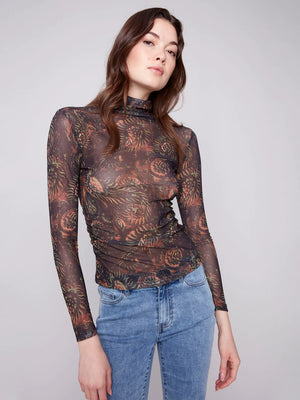 Charlie B Mock Neck Basic Mesh W/ Gather - Spruce