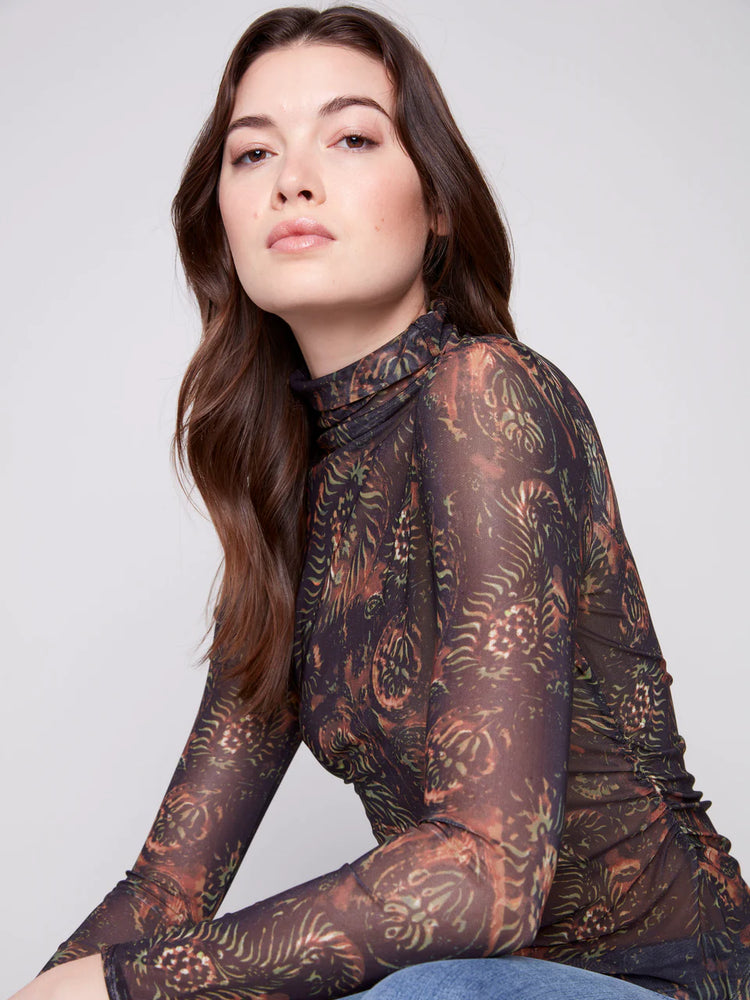 Charlie B Mock Neck Basic Mesh W/ Gather - Spruce
