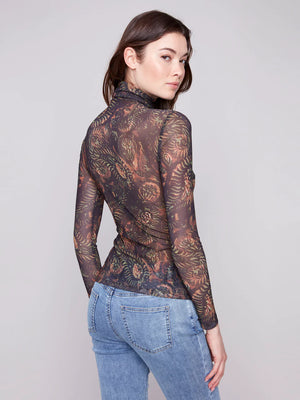 Charlie B Mock Neck Basic Mesh W/ Gather - Spruce