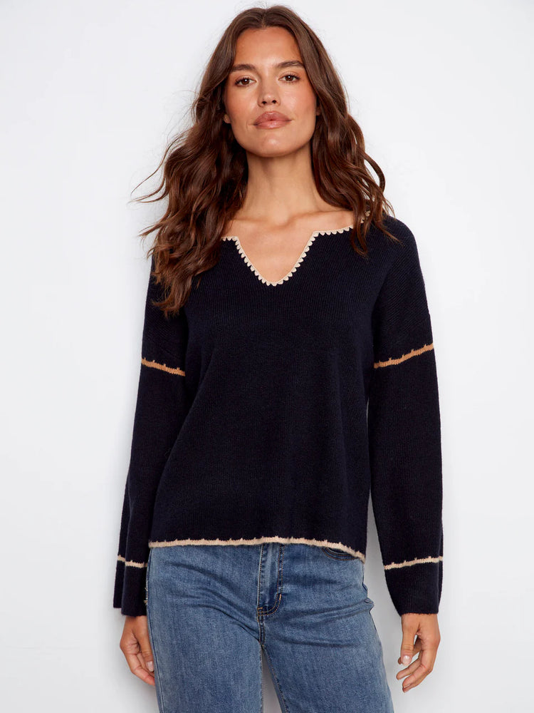 Charlie B V-neck Notched Soutache Sweater