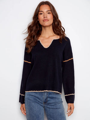 Charlie B V-neck Notched Soutache Sweater
