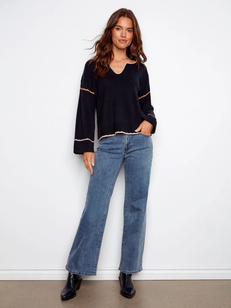 Charlie B V-neck Notched Soutache Sweater