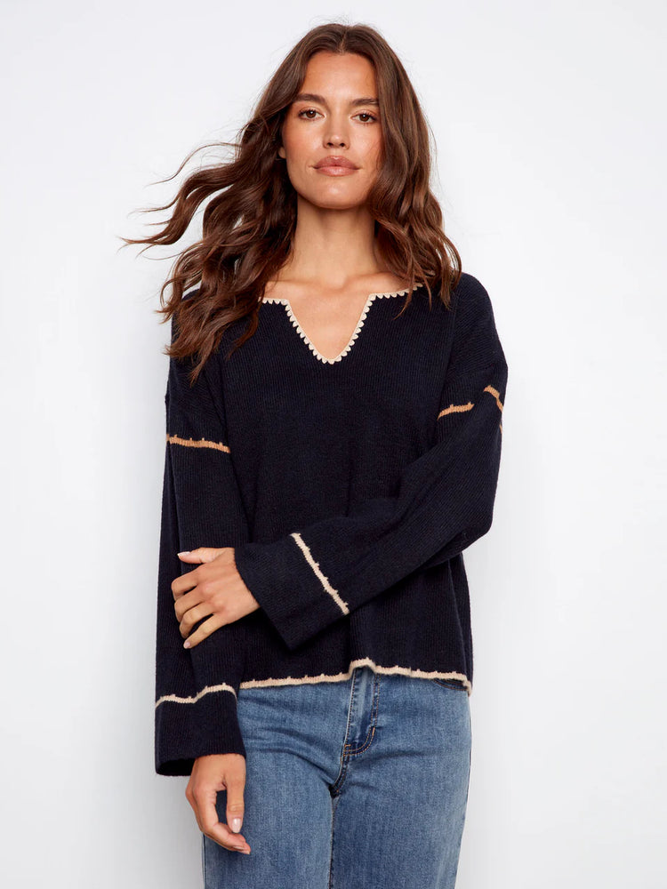 Charlie B V-neck Notched Soutache Sweater
