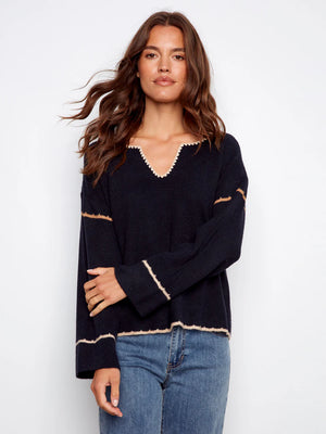Charlie B V-neck Notched Soutache Sweater
