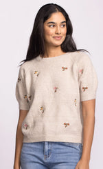 Pink Martini Sweater With Embroidered Flowers - Beige