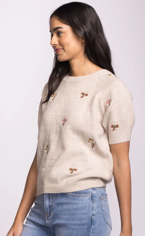 Pink Martini Sweater With Embroidered Flowers - Beige