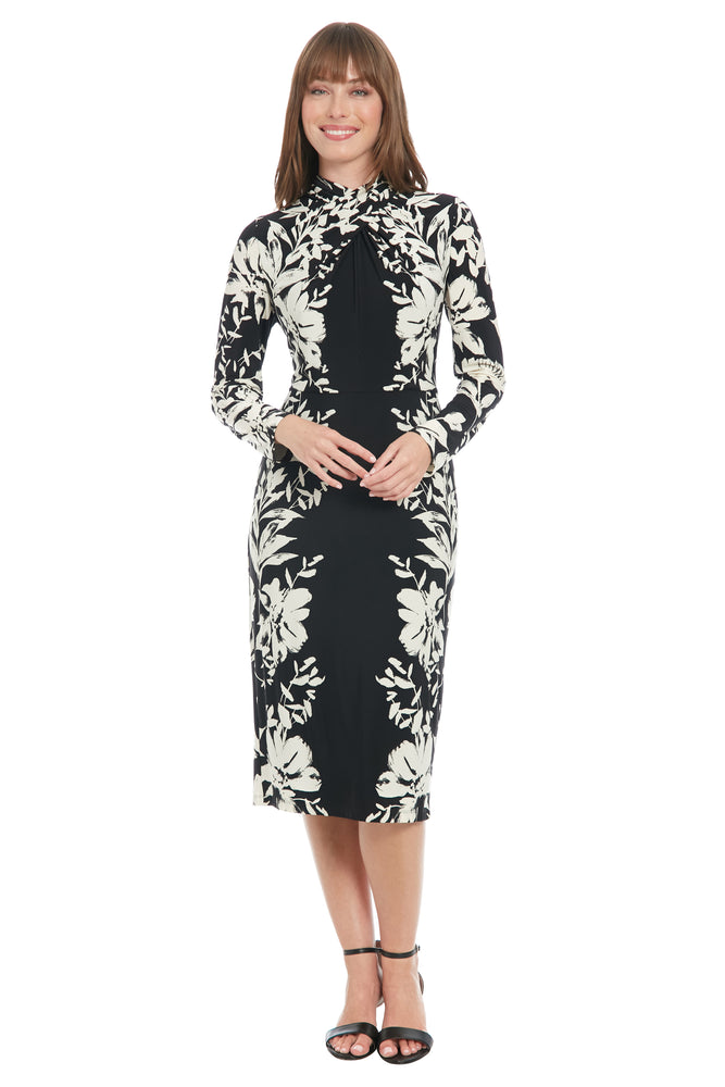 London Times Long Sleeve Criss Cross Neck Midi
