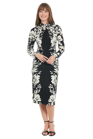 London Times Long Sleeve Criss Cross Neck Midi