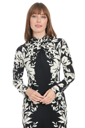 London Times Long Sleeve Criss Cross Neck Midi
