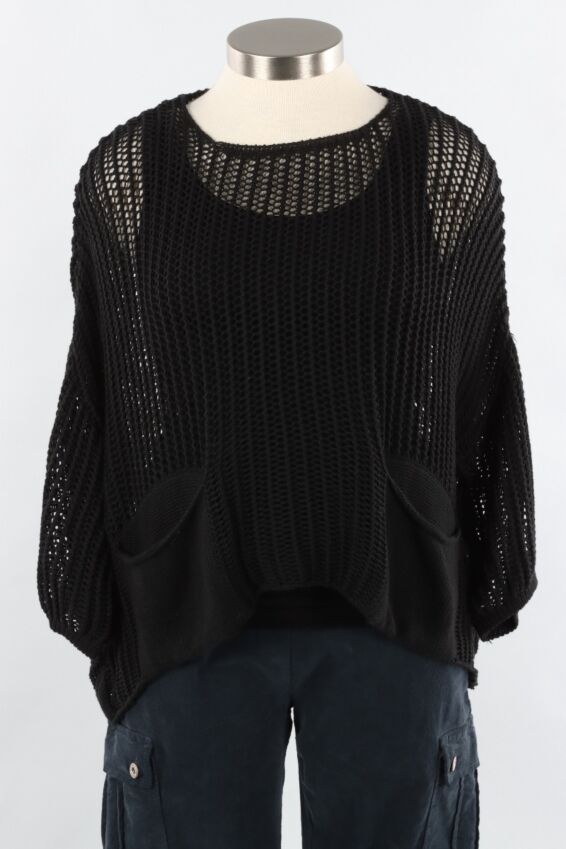 Tempo Washed Crochet Sweater - Black