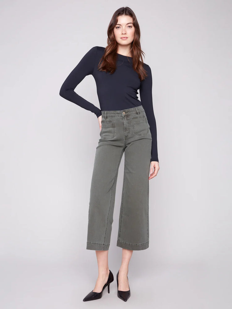 Charlie B Cropped Patch Pocket Flare Twill Pants - Spruce