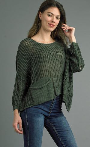Tempo Washed Crochet Sweater - Olive