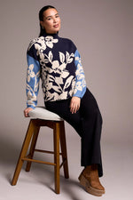 Tribal Knit Jacquard Funnel Neck Sweater - Sapphire
