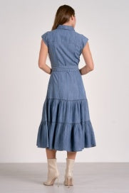 Elan Midi Cap Sleeve Denim Dress - Blue Dark Wash